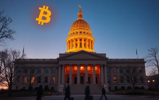 Indiana State Capitol with Bitcoin symbol representing the new law allowing cryptocurrency in state retirement investment plans.