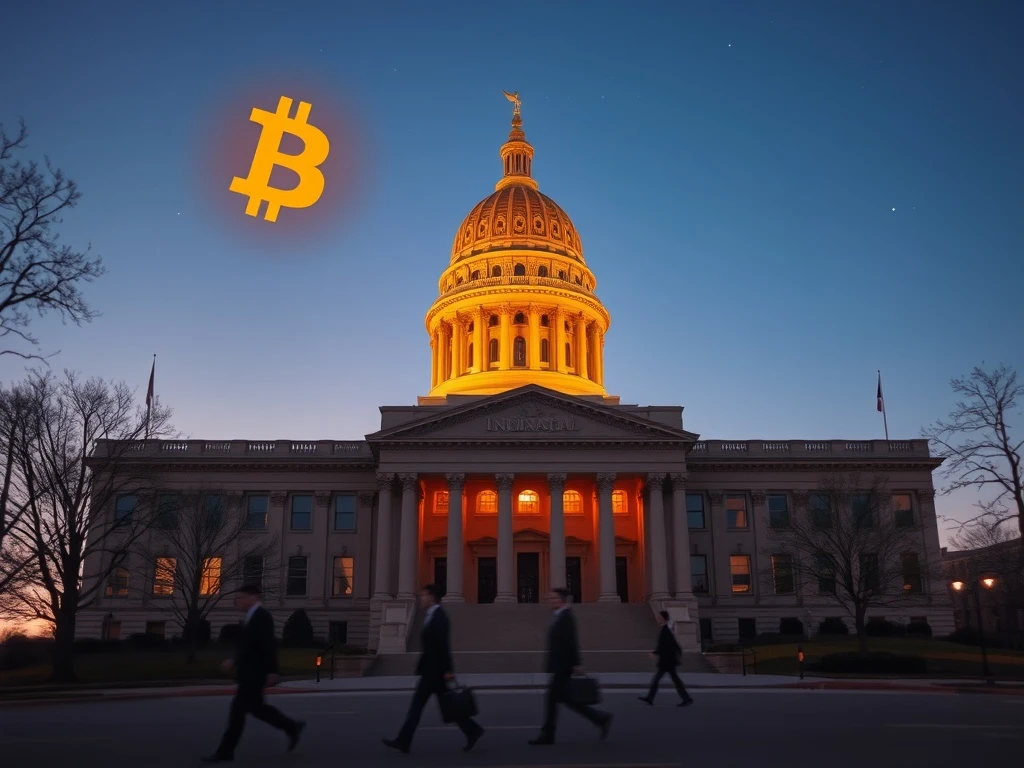 Indiana State Capitol with Bitcoin symbol representing the new law allowing cryptocurrency in state retirement investment plans.