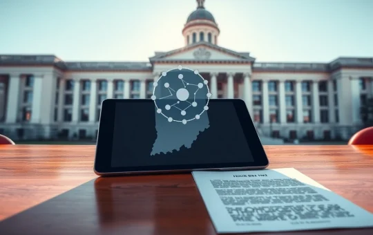 Indiana Statehouse with House Bill 1042 document and cryptocurrency graphic representing the new crypto legislation.