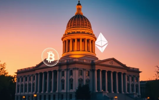 Indiana State Capitol with cryptocurrency symbols representing the state's new digital asset retirement mandate