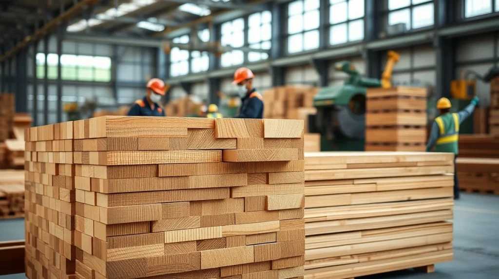 Sustainable timber processing and stacked hardwood planks at an Indonesian lumber company facility.