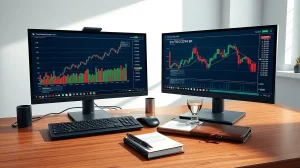 Financial trading desk analyzing cryptocurrency markets before regulatory Clarity Act implementation