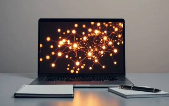 Analyst reviewing IONIX Chain $IONX token presale data and blockchain visualization on screen.