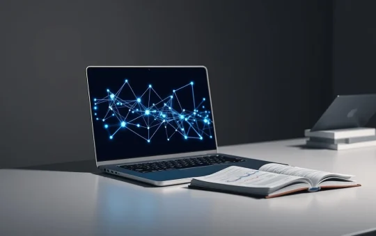 Laptop displaying blockchain network visualization for Ionix Chain presale news.