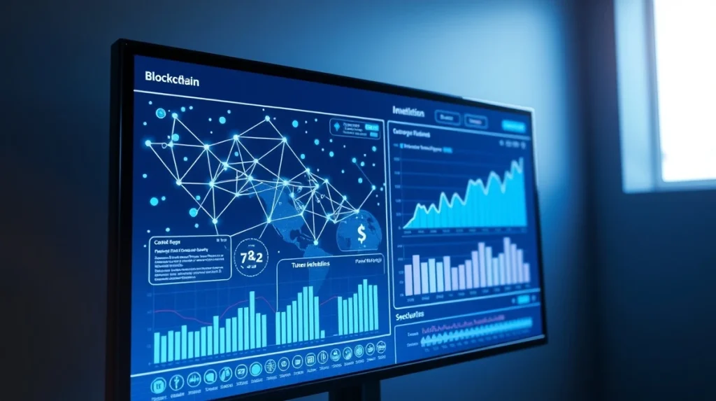 Blockchain network visualization representing the IONIX Chain presale and token distribution.
