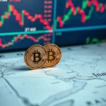 Bitcoin coin on a map of Iran representing cryptocurrency's reaction to geopolitical conflict noise and market analysis.