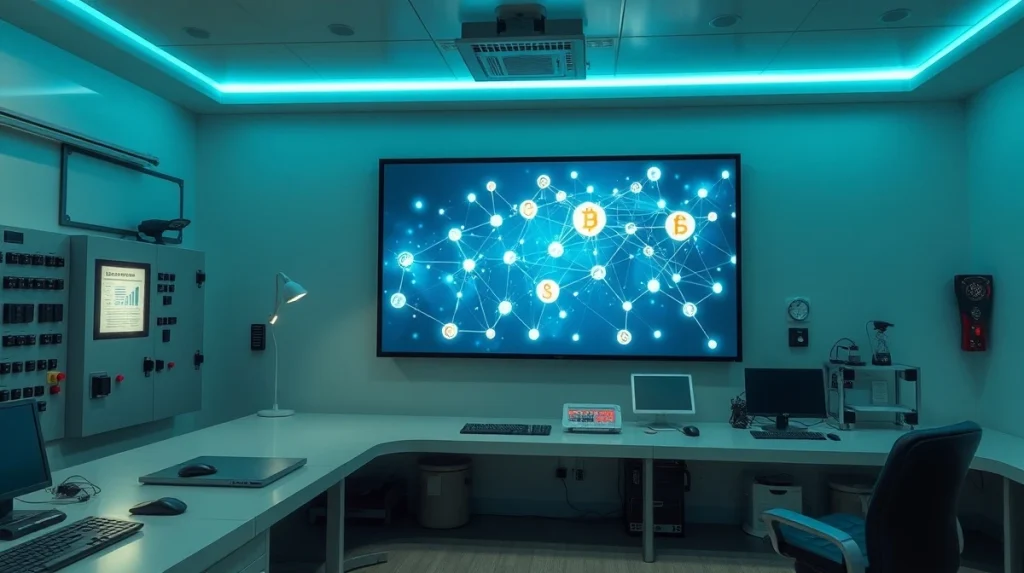 Blockchain visualization on a control room screen for the ITA token presale.