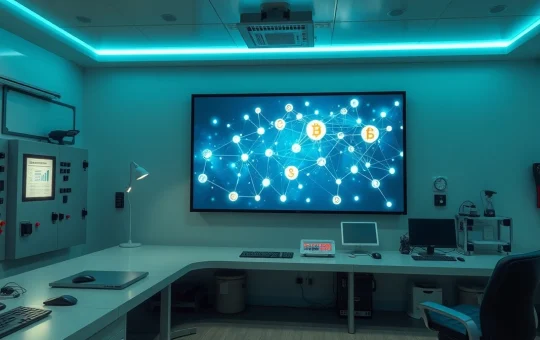 Blockchain visualization on a control room screen for the ITA token presale.