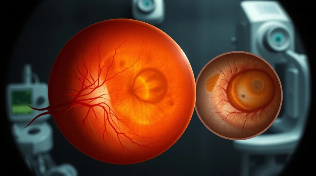 Medical illustration showing retinal health and geographic atrophy for IZERVAY market analysis.