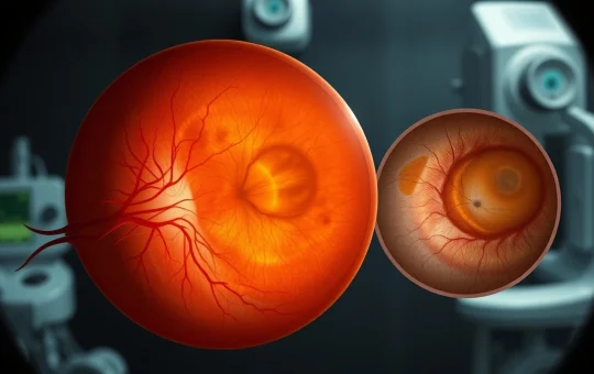 Medical illustration showing retinal health and geographic atrophy for IZERVAY market analysis.