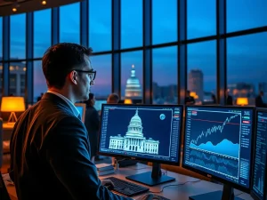 Financial analyst monitors crypto charts predicting 2026 market surge following US regulatory clarity.
