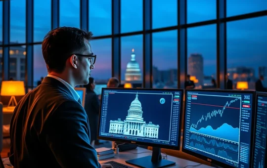 Financial analyst monitors crypto charts predicting 2026 market surge following US regulatory clarity.