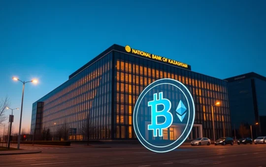 National Bank of Kazakhstan headquarters with digital asset visualization representing $350 million Bitcoin and Ethereum investment plan.