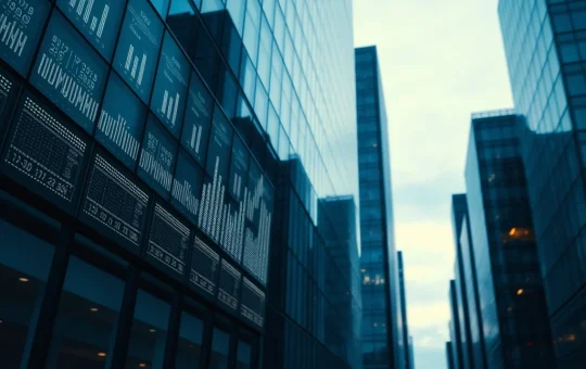 Financial district building with digital ticker showing crypto symbols, representing Kraken SPAC acquisition strategy.