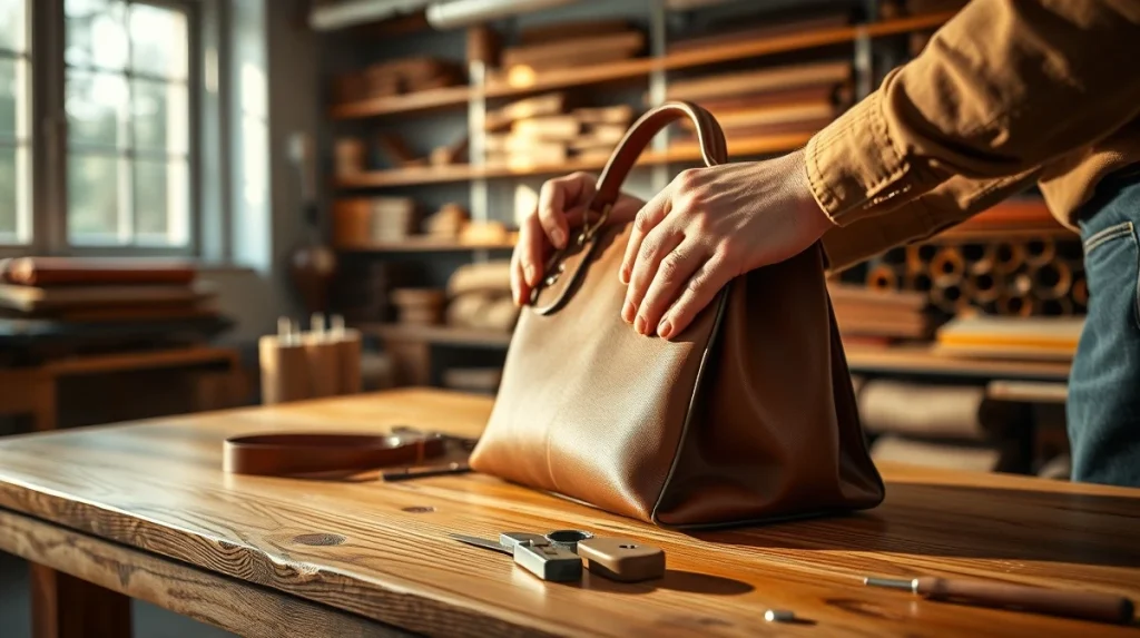 Artisan crafting leather goods in a workshop, representing the growing luxury leather market.