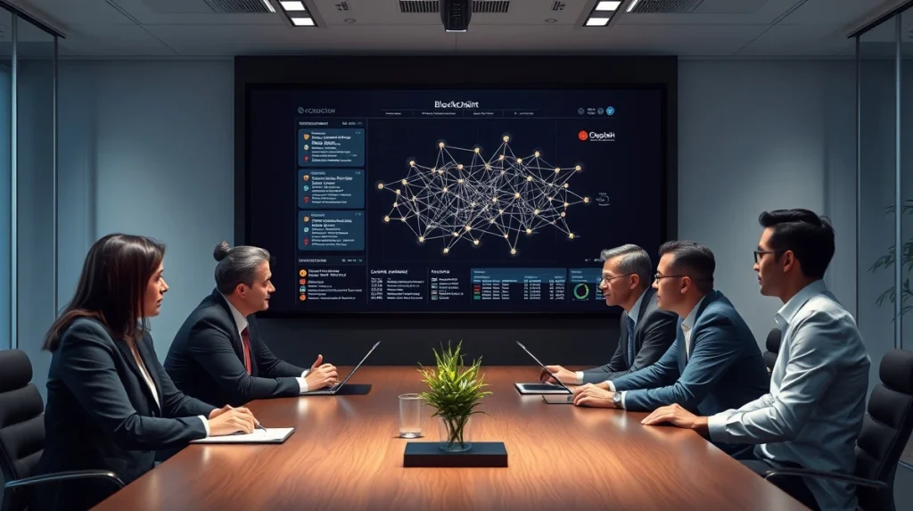 A team of legal professionals analyzing a blockchain visualization, relevant to crypto presale tokenomics.