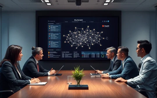 A team of legal professionals analyzing a blockchain visualization, relevant to crypto presale tokenomics.