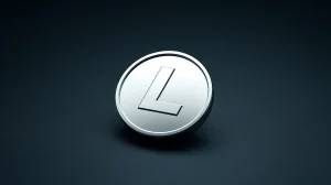 Litecoin logo on a trading desk representing market analysis and potential price movement.