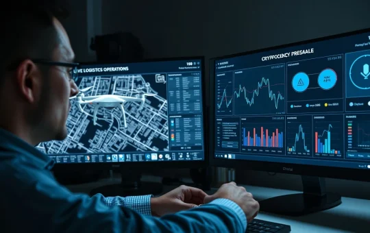 Analyst reviewing logistics UAV market data and crypto presale dashboard on dual monitors.