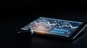 M Series ANC Bluetooth headset alongside blockchain token presale data visualization on a screen.