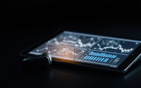 M Series ANC Bluetooth headset alongside blockchain token presale data visualization on a screen.