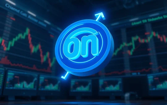MANTRA OM token symbol glowing with upward momentum on trading floor background