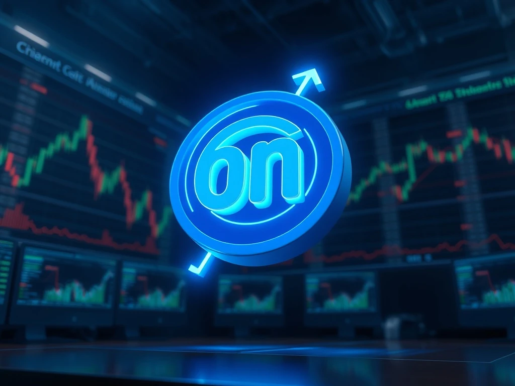 MANTRA OM token symbol glowing with upward momentum on trading floor background