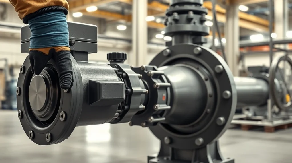 Manual actuator operating an industrial butterfly valve for reliable flow control.