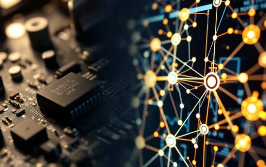 Electronic components and blockchain visualization representing crypto presale tokenomics analysis