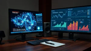 Analyst desk with screens showing blockchain data and market research charts for crypto presale context.