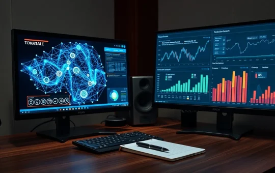 Analyst desk with screens showing blockchain data and market research charts for crypto presale context.