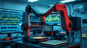 A robotic arm performs precision testing on semiconductor wafers in a high-tech lab.