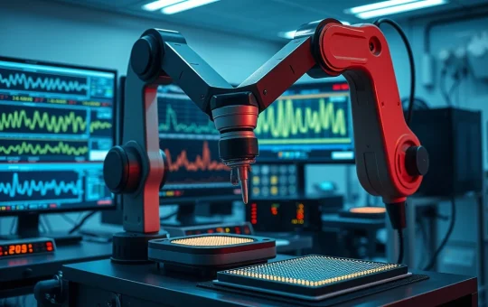 A robotic arm performs precision testing on semiconductor wafers in a high-tech lab.