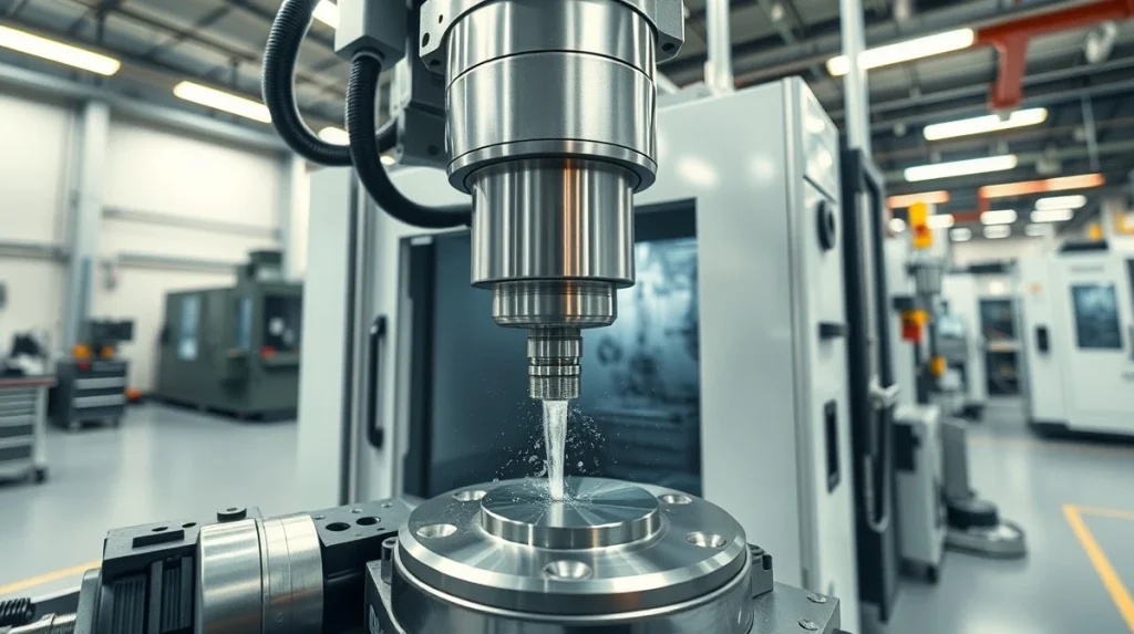 CNC machining operation using metal working fluid for cooling and lubrication in manufacturing.