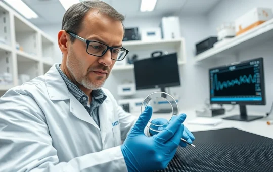 Scientist analyzing a metalens wafer in a research lab, representing advancements in the metalens market.
