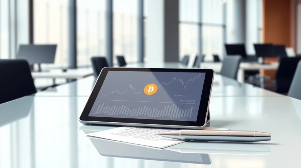 Morgan Stanley Bitcoin ETF fee reduction announcement with financial tablet showing investment data