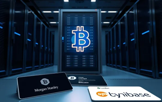 Secure server room representing the institutional custody partnership for the Morgan Stanley Bitcoin Trust.