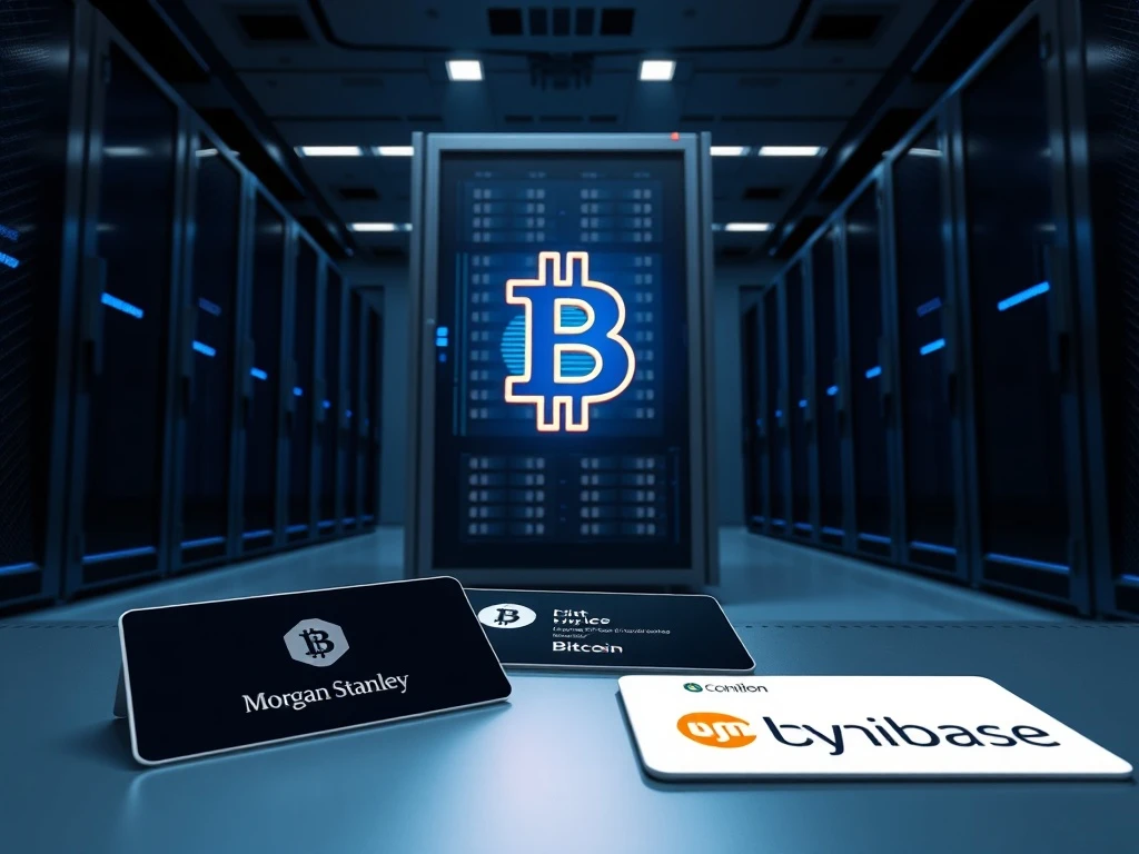 Secure server room representing the institutional custody partnership for the Morgan Stanley Bitcoin Trust.