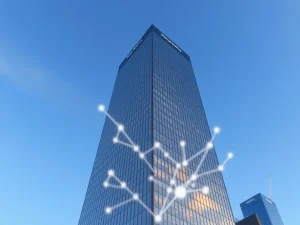 Morgan Stanley headquarters with digital blockchain network overlay symbolizing crypto expansion.