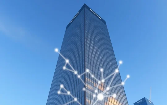 Morgan Stanley headquarters with digital blockchain network overlay symbolizing crypto expansion.