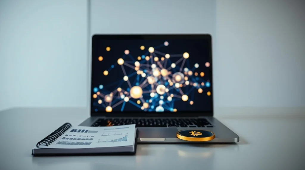 Analyst reviewing Mutuum Finance presale data and blockchain visualization on screen.