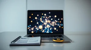 Analyst reviewing Mutuum Finance presale data and blockchain visualization on screen.