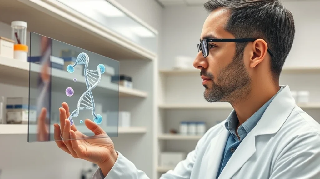 Researcher analyzing genetic data for Myotonic Dystrophy treatment development in a laboratory setting.