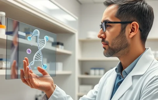 Researcher analyzing genetic data for Myotonic Dystrophy treatment development in a laboratory setting.