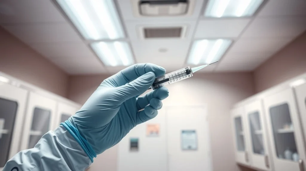 Healthcare professional using a safety syringe with activated shield to prevent needlestick injuries.