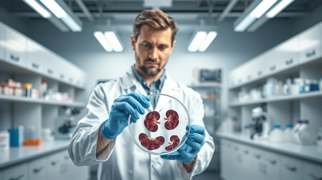 Medical researcher analyzing kidney tissue samples in nephrotic syndrome treatment development laboratory