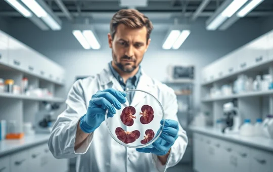 Medical researcher analyzing kidney tissue samples in nephrotic syndrome treatment development laboratory