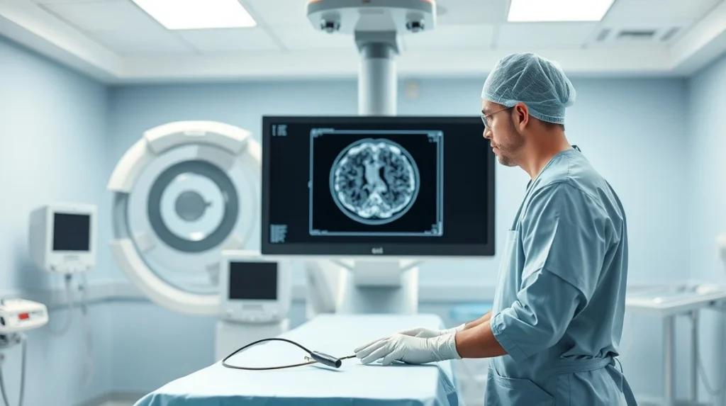 Neurointerventionalist performing a minimally invasive stroke treatment procedure in a modern hospital setting.