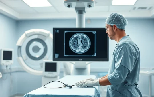 Neurointerventionalist performing a minimally invasive stroke treatment procedure in a modern hospital setting.