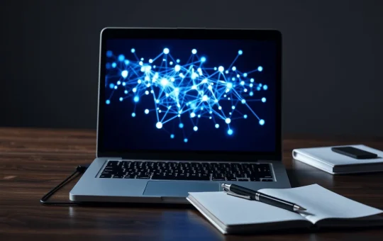 A laptop displays a blockchain visualization for a new crypto presale launch.